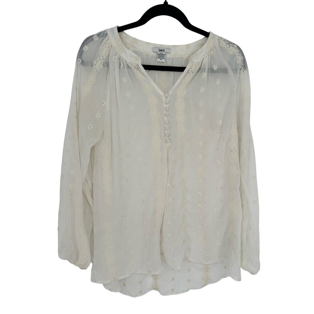 Bar III Blouse Womens M Cream Off White Sheer Embroidered V-Neck Long Sleeve